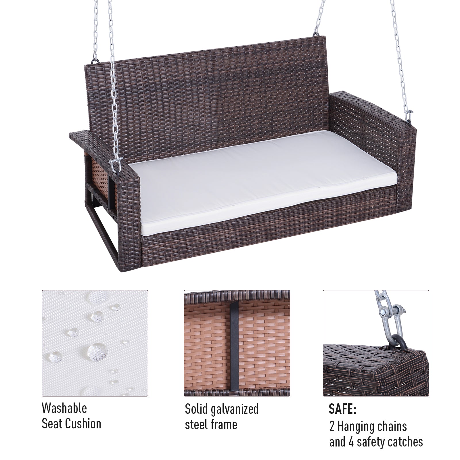 Brown wicker outdoor swing with white cushion and sturdy frame