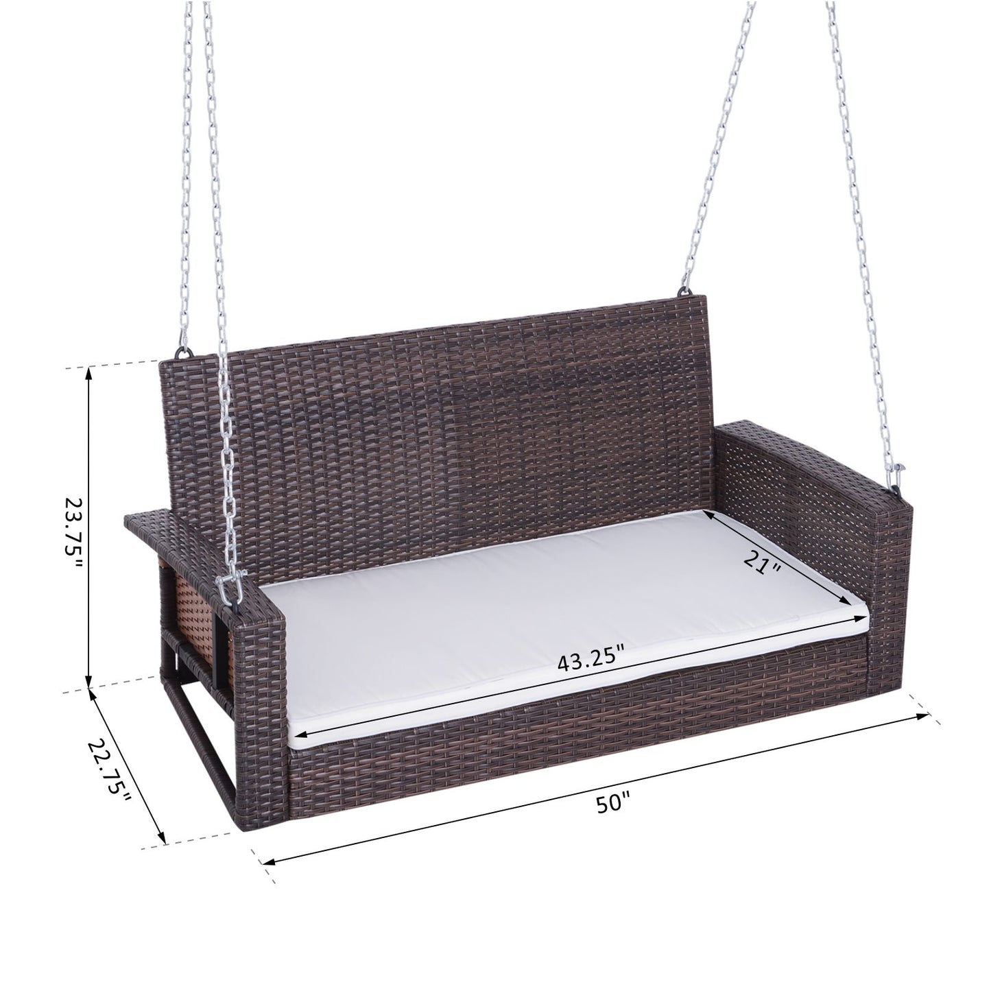 Brown rattan swing with white cushion  inch wide for outdoor relaxation