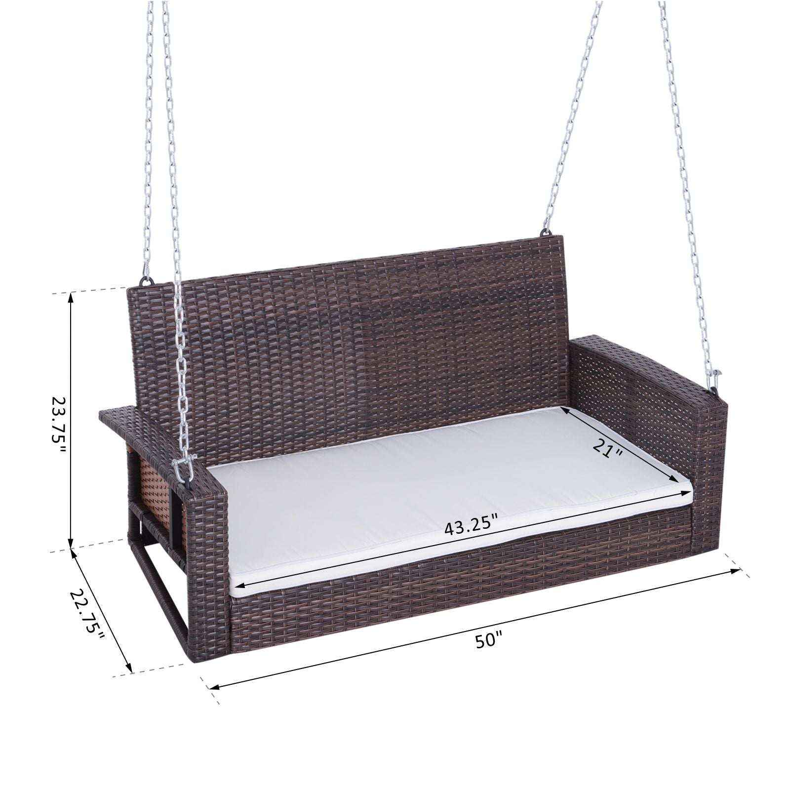 Brown rattan swing with white cushion  inch wide for outdoor relaxation