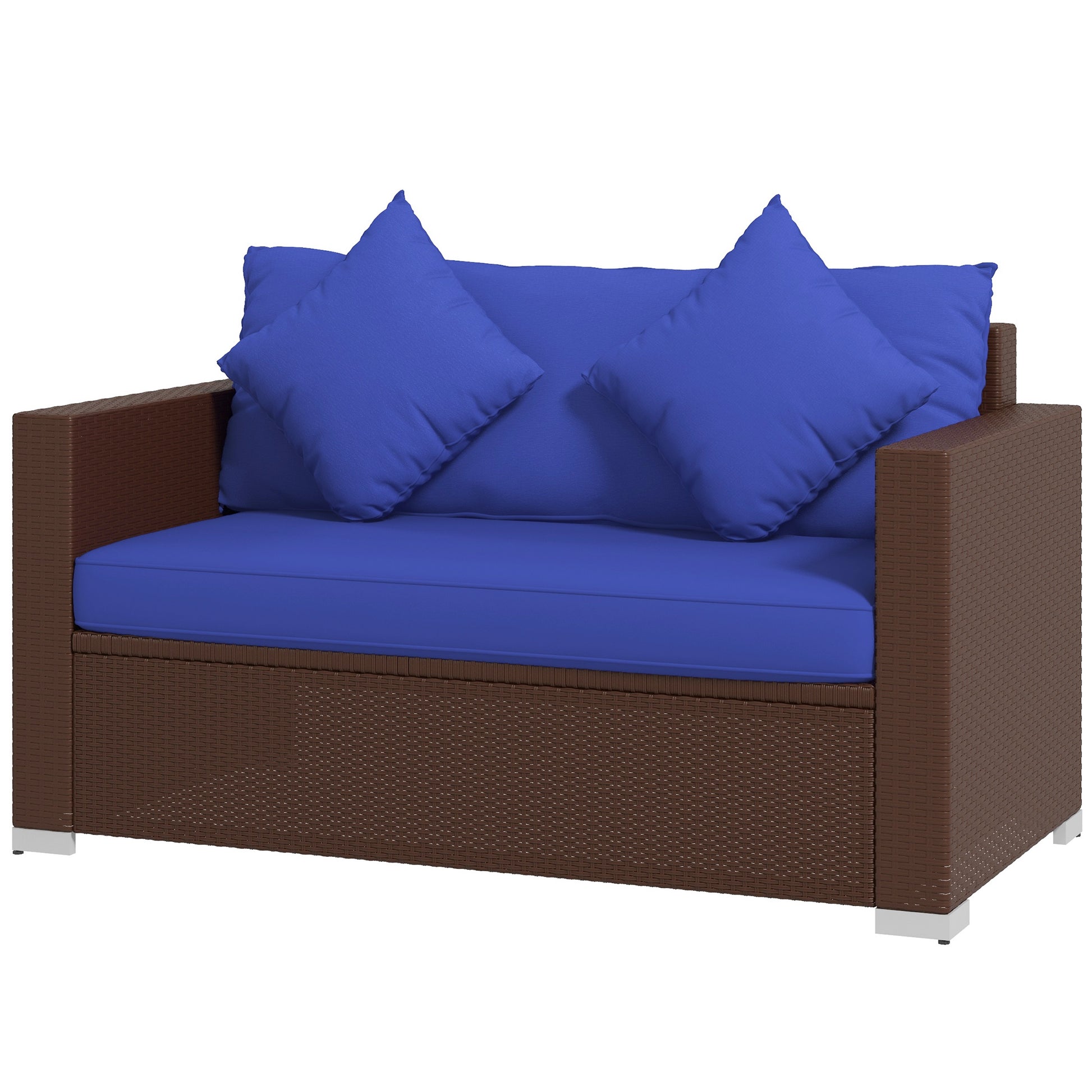 Brown rattan loveseat with deep blue cushions and throw pillows perfect for outdoor seating