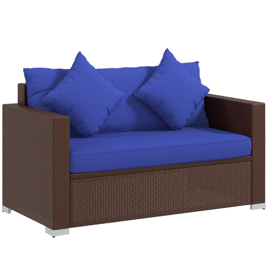 Brown rattan loveseat with blue cushions and two throw pillows for outdoor seating