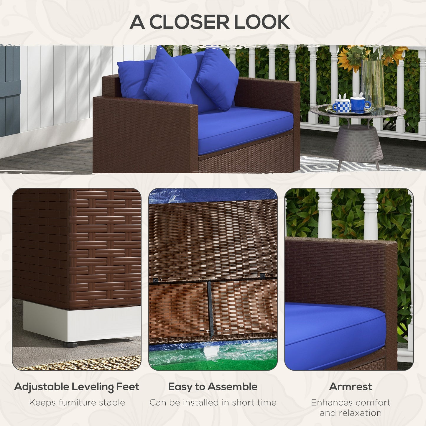 Brown wicker outdoor sofa with plush blue cushions and accent pillows