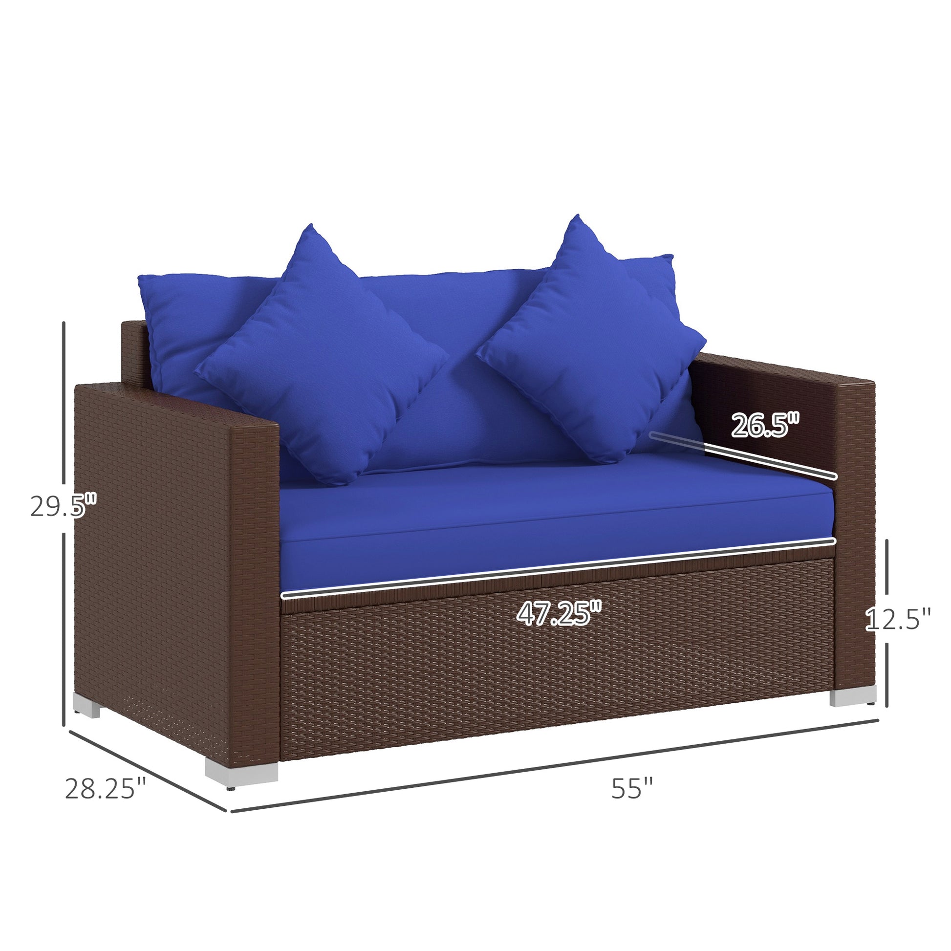 Brown rattan loveseat with bright blue cushions and throw pillows ideal for patio seating