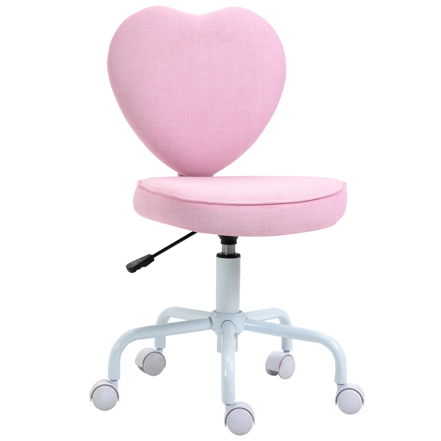 Pink fabric heartshaped desk chair with adjustable height and rolling casters for kids room
