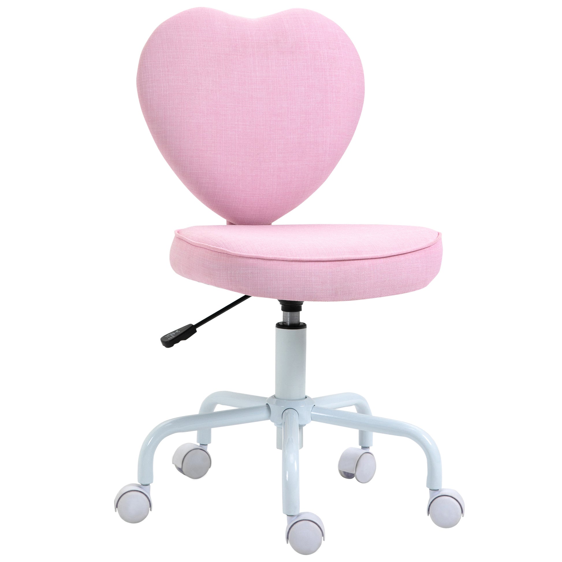 Pink fabric heartshaped desk chair with adjustable height and rolling casters for kids room