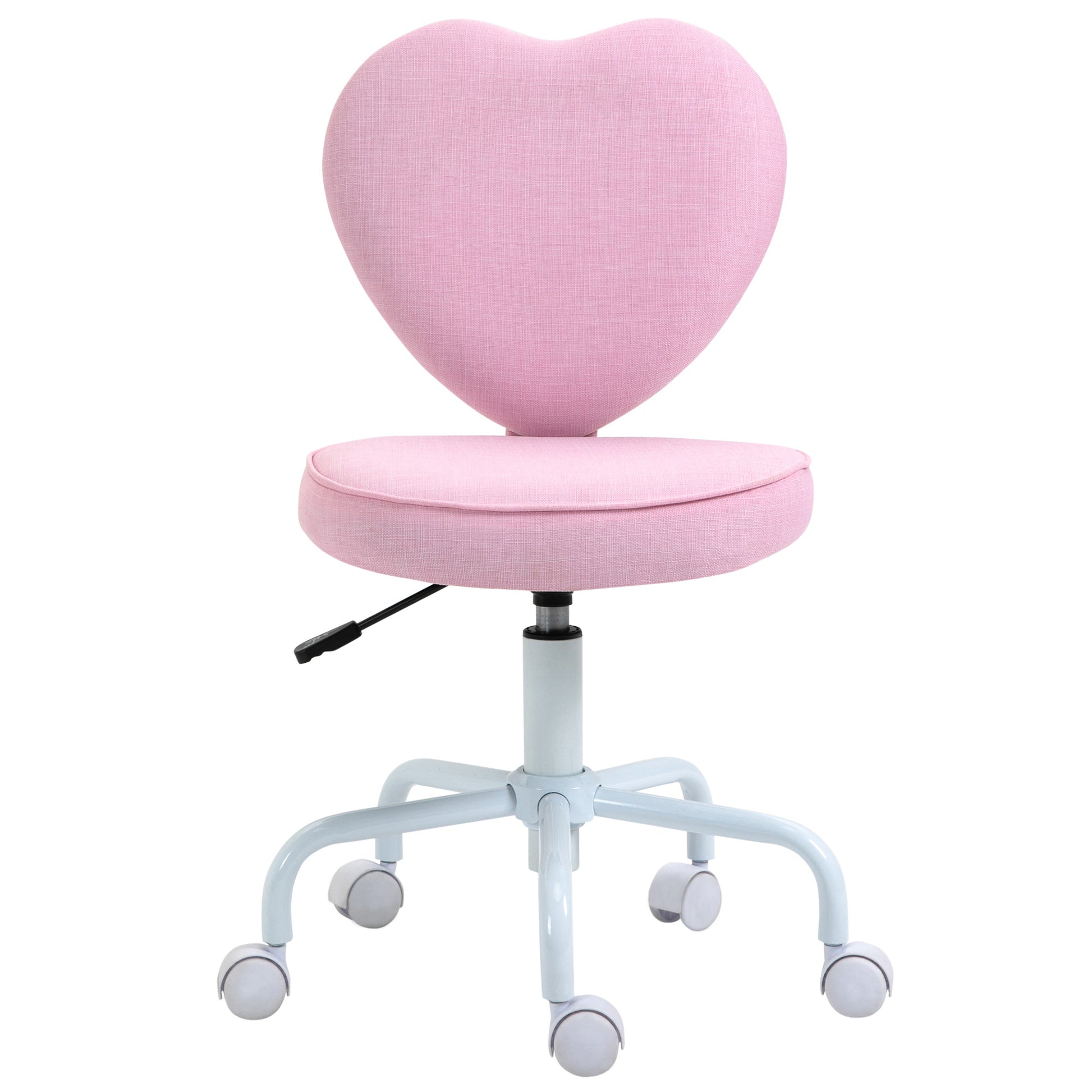 Pink heartshaped desk chair with upholstered fabric and adjustable height