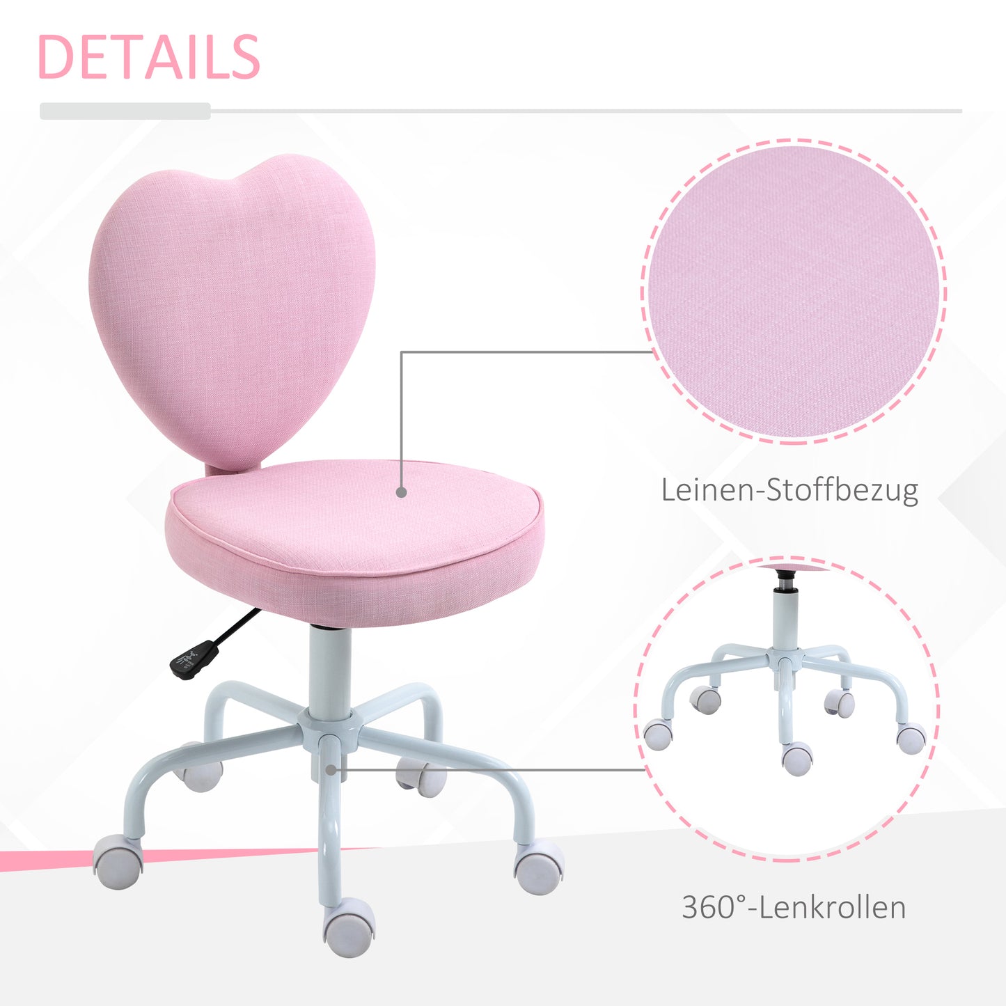 Pink heartshaped desk chair with linenblend fabric and degree swivel casters