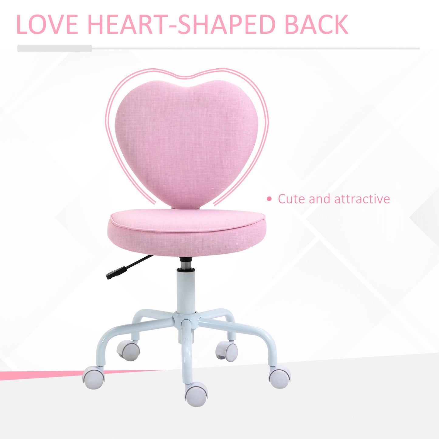 Pink upholstered desk chair with a distinctive heartshaped back perfect for a childs room