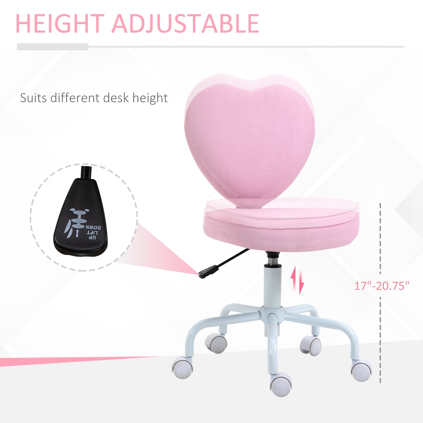 Pink heartshaped desk chair with height adjustment lever and casters