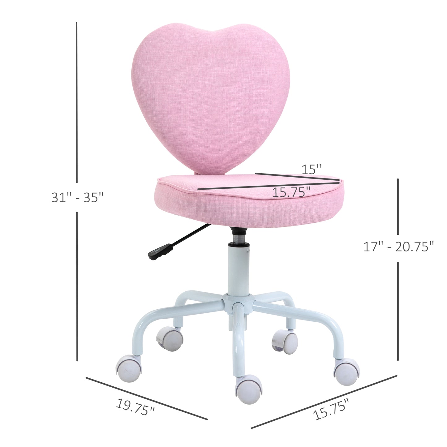 Pink heartshaped desk chair with adjustable height and wheels