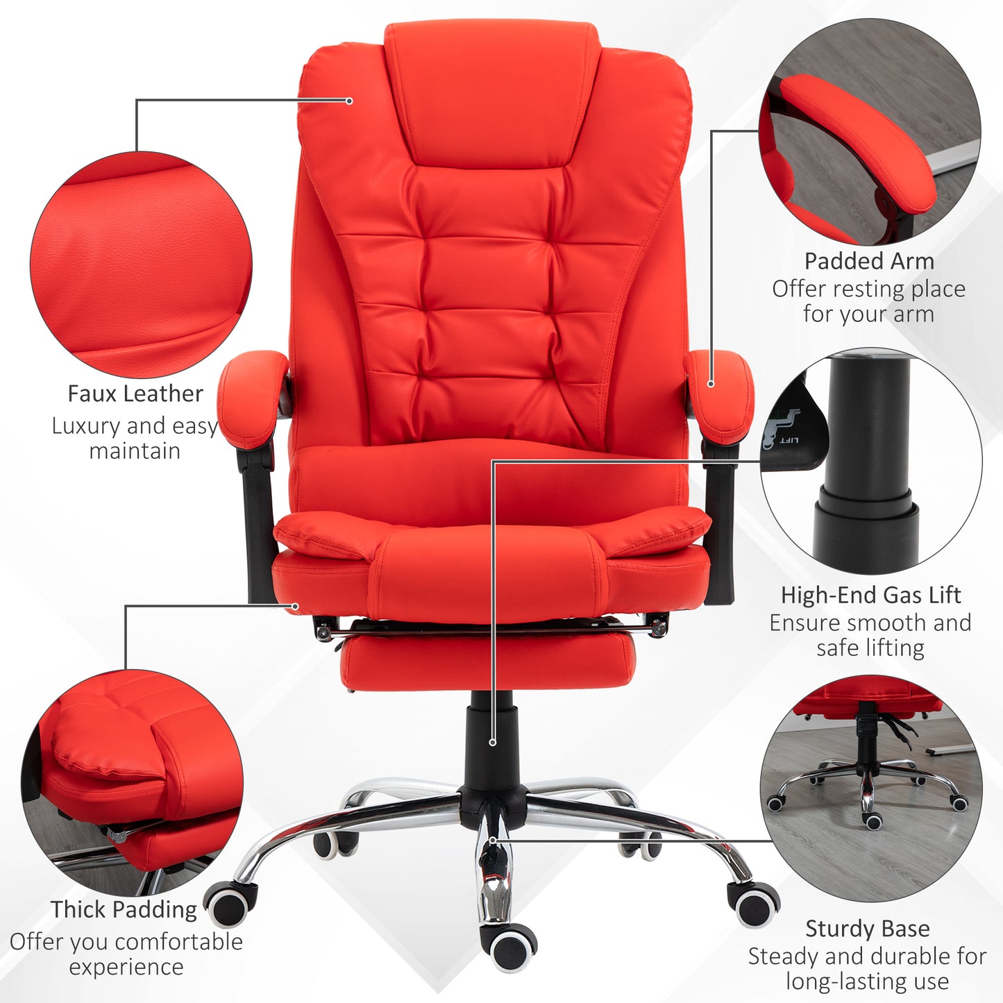 Red executive office chair with faux leather upholstery and padded arms