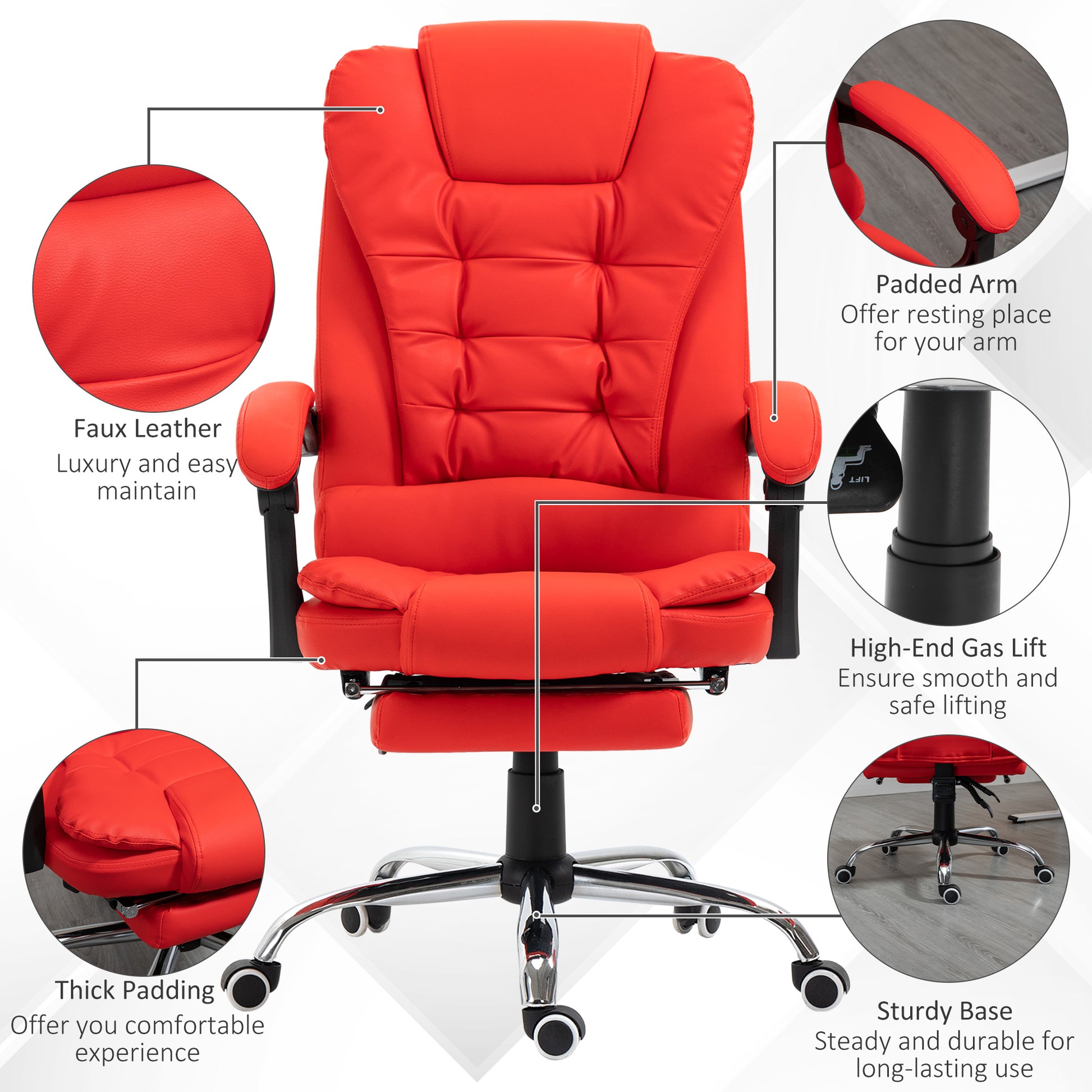 Red executive office chair with faux leather upholstery and padded arms