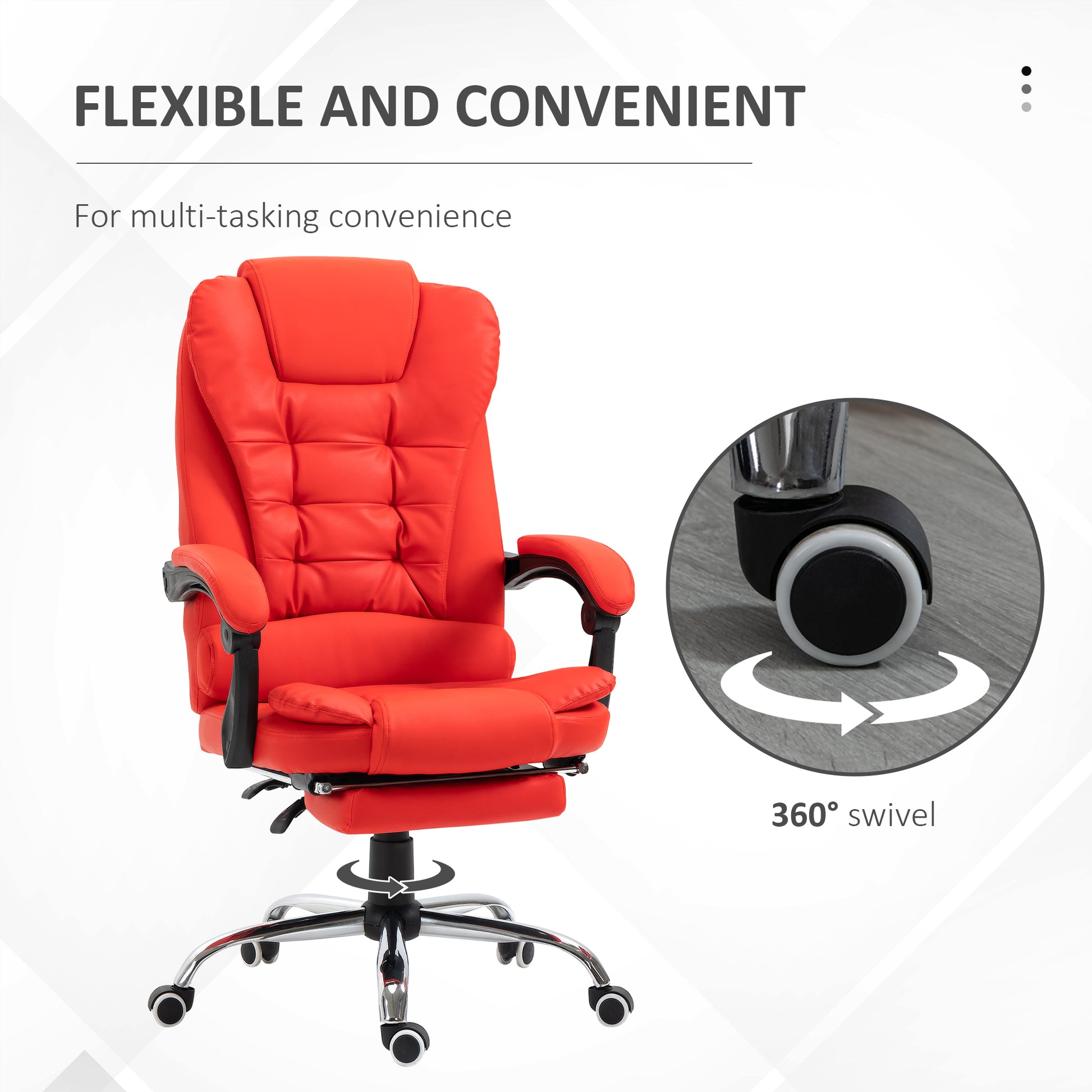 Red ergonomic office chair with plush cushioning and adjustable footrest
