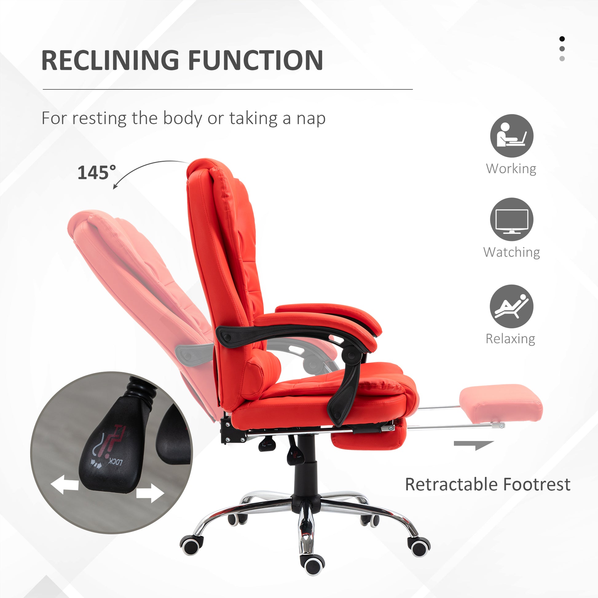 Red executive chair with retractable footrest for ultimate comfort and productivity