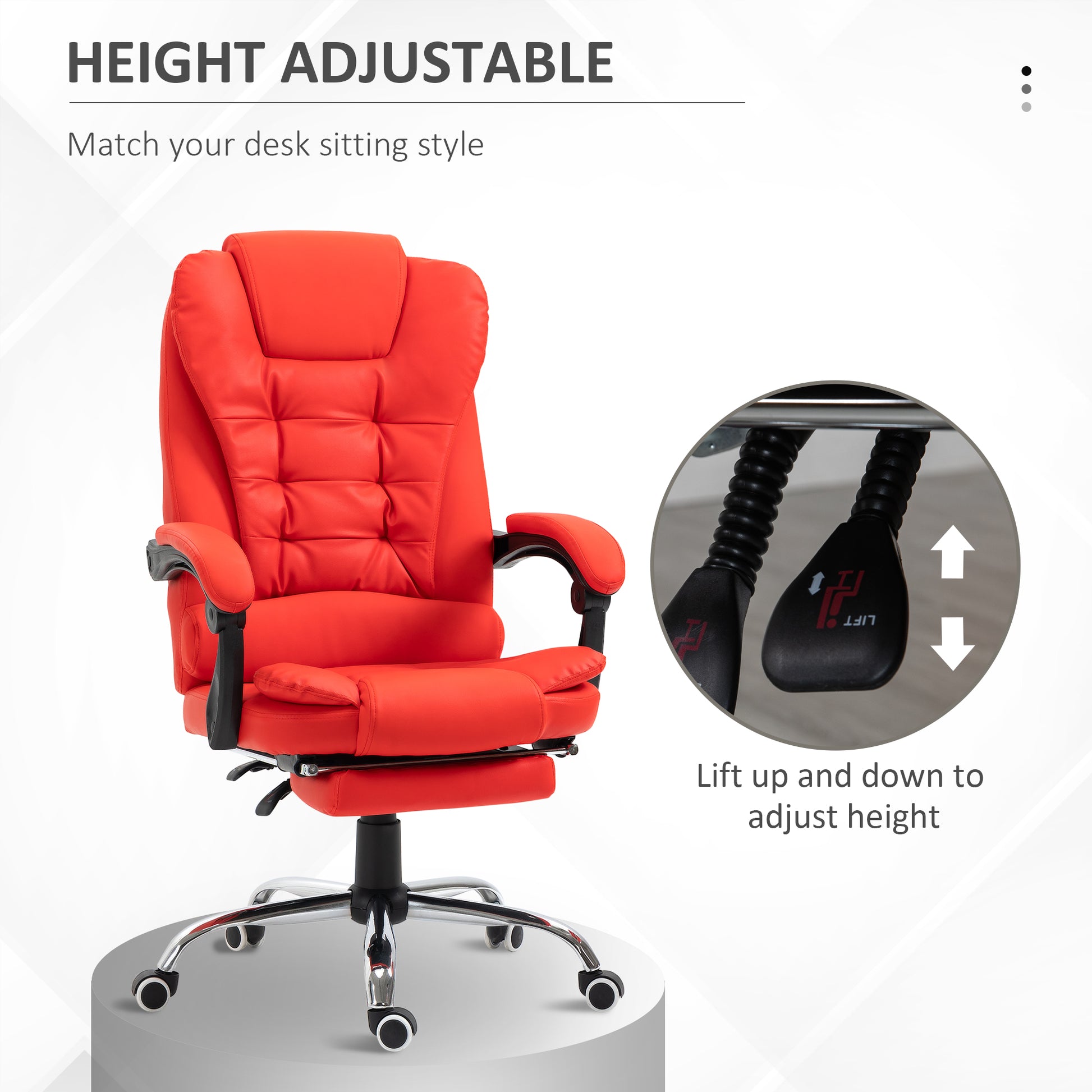 Red faux leather ergonomic office chair with adjustable height and footrest