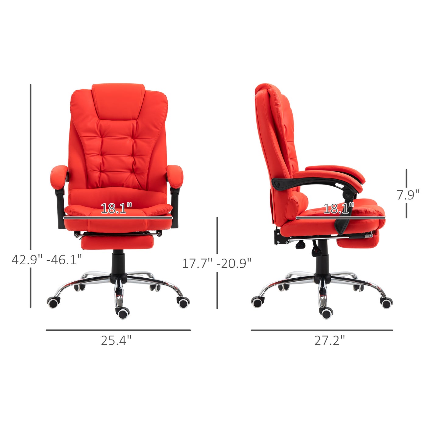 Red executive office chair with padded seat and retractable footrest for comfort