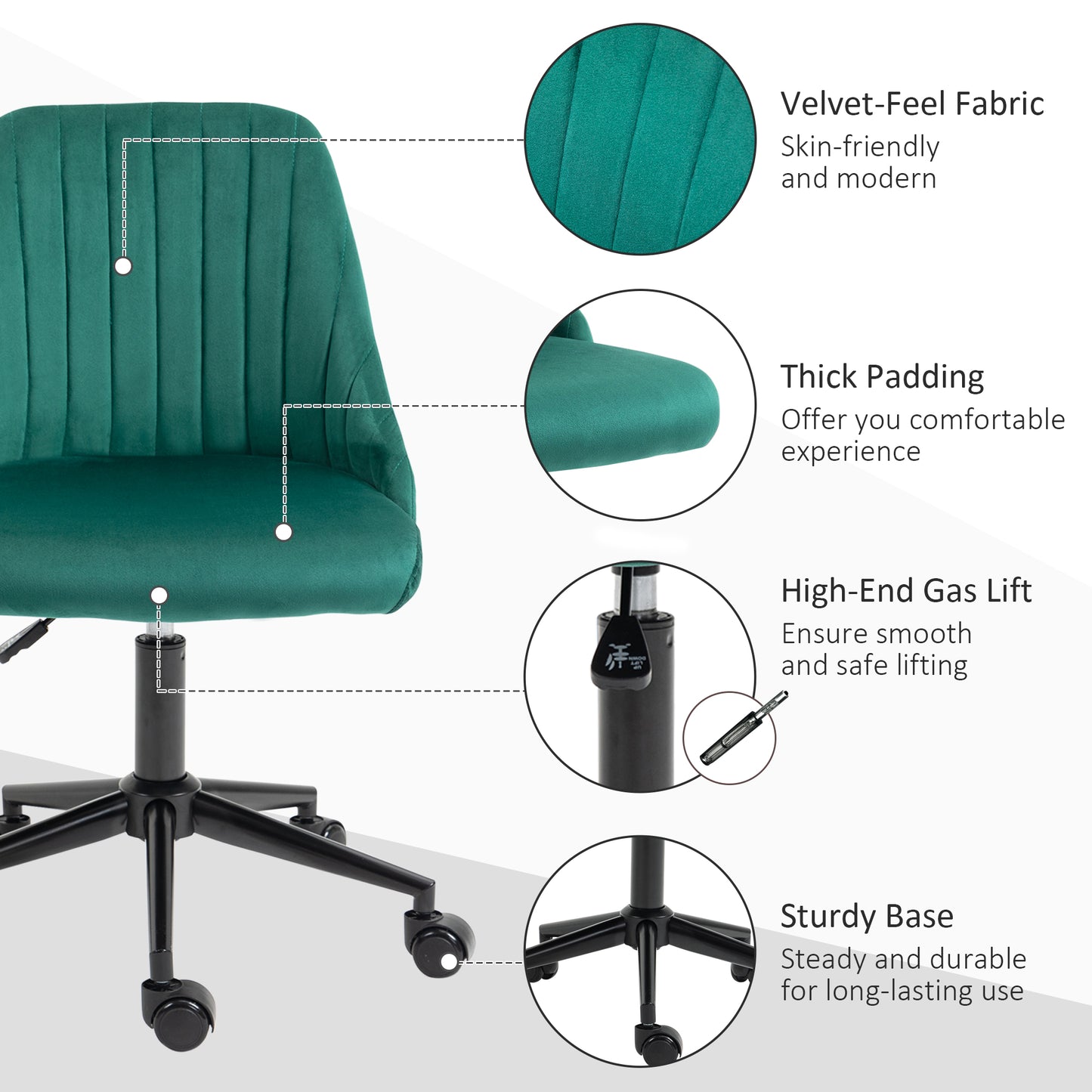 Emerald green velvet office chair with channel tufting and plush seat