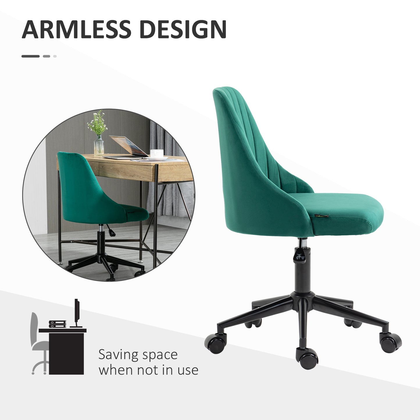 Emerald green velvet armless office chair with plush cushioning and sleek black base
