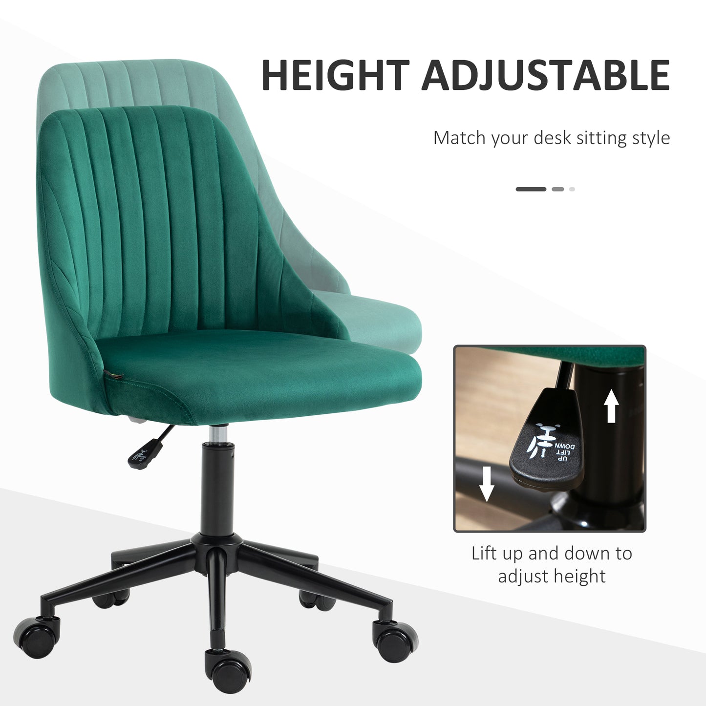 Emerald green velvet office chair with adjustable height lever