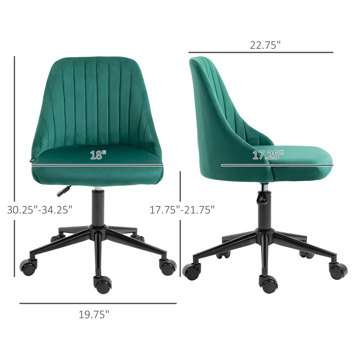 Teal velvet office chair with vertical channel tufting and adjustable height