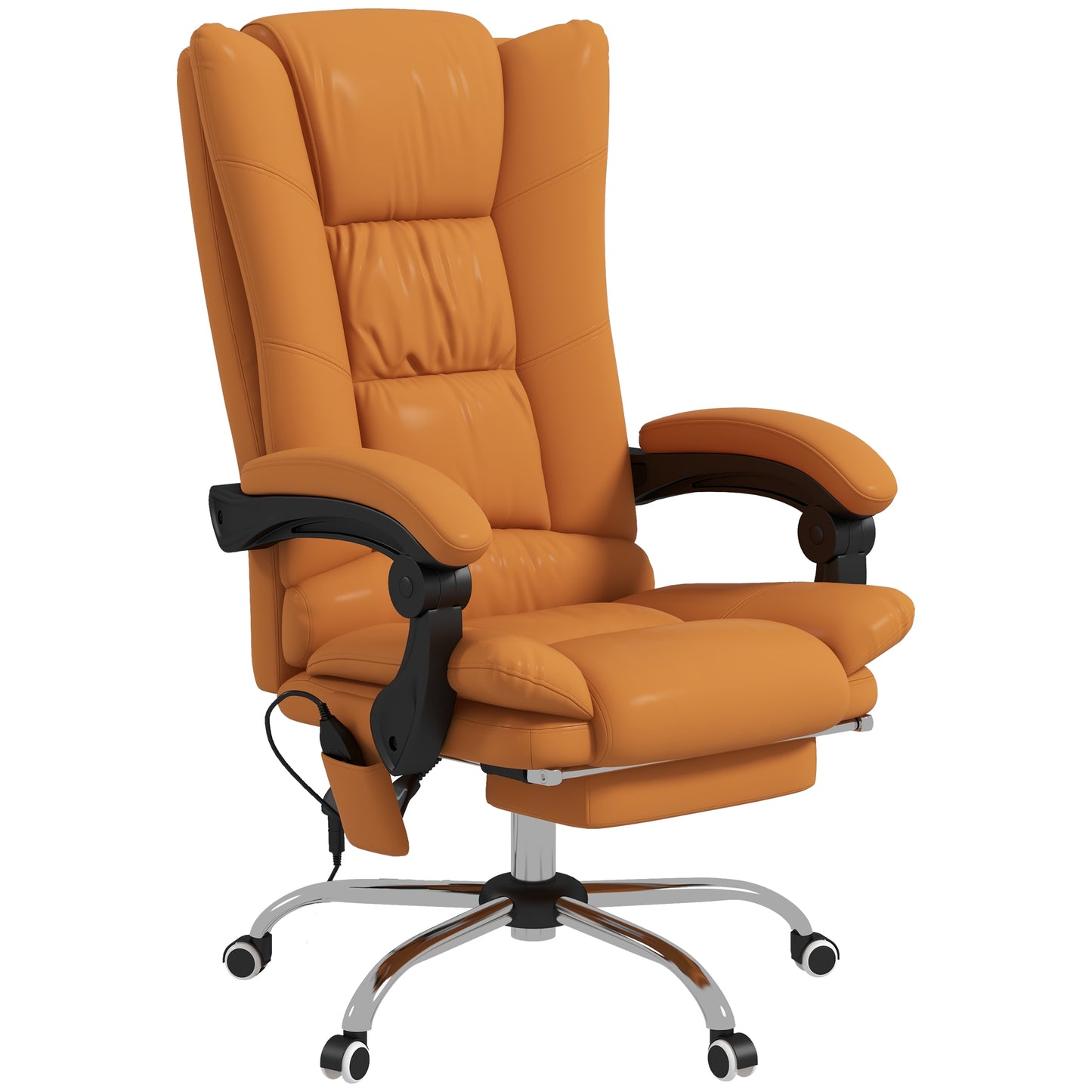 Orange executive office chair with padded seat backrest and retractable footrest