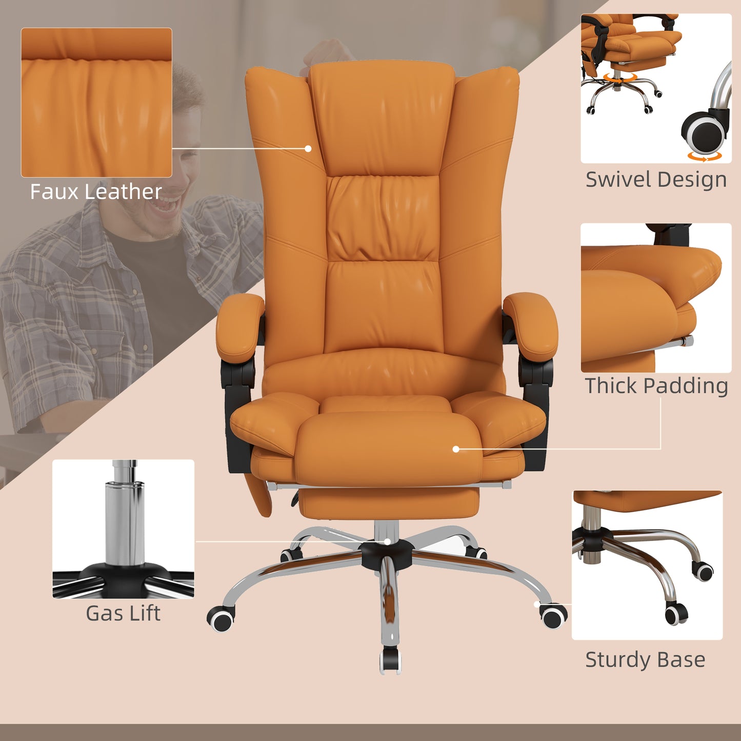 Orange faux leather office chair with swivel design and ergonomic features