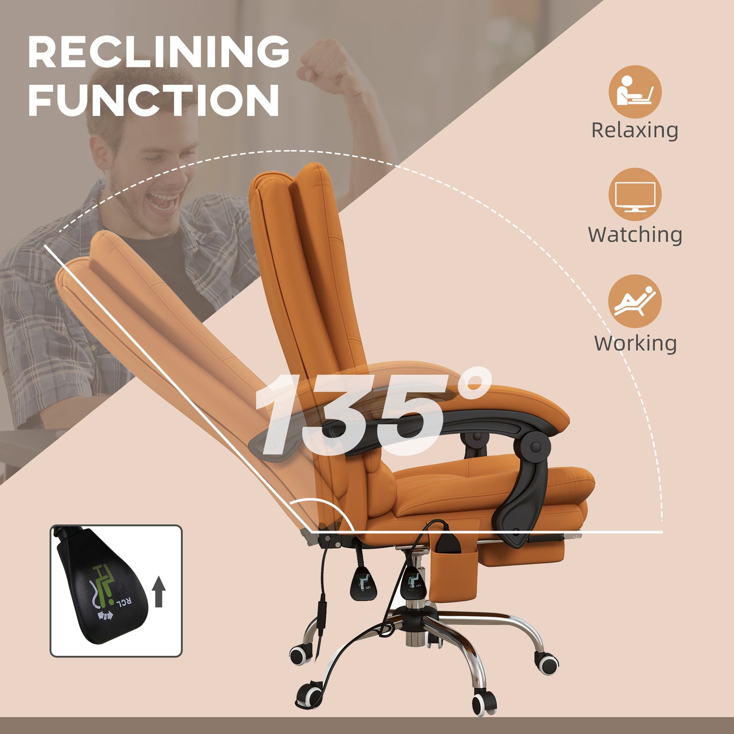 Orange upholstered ergonomic office chair with a degree reclining function
