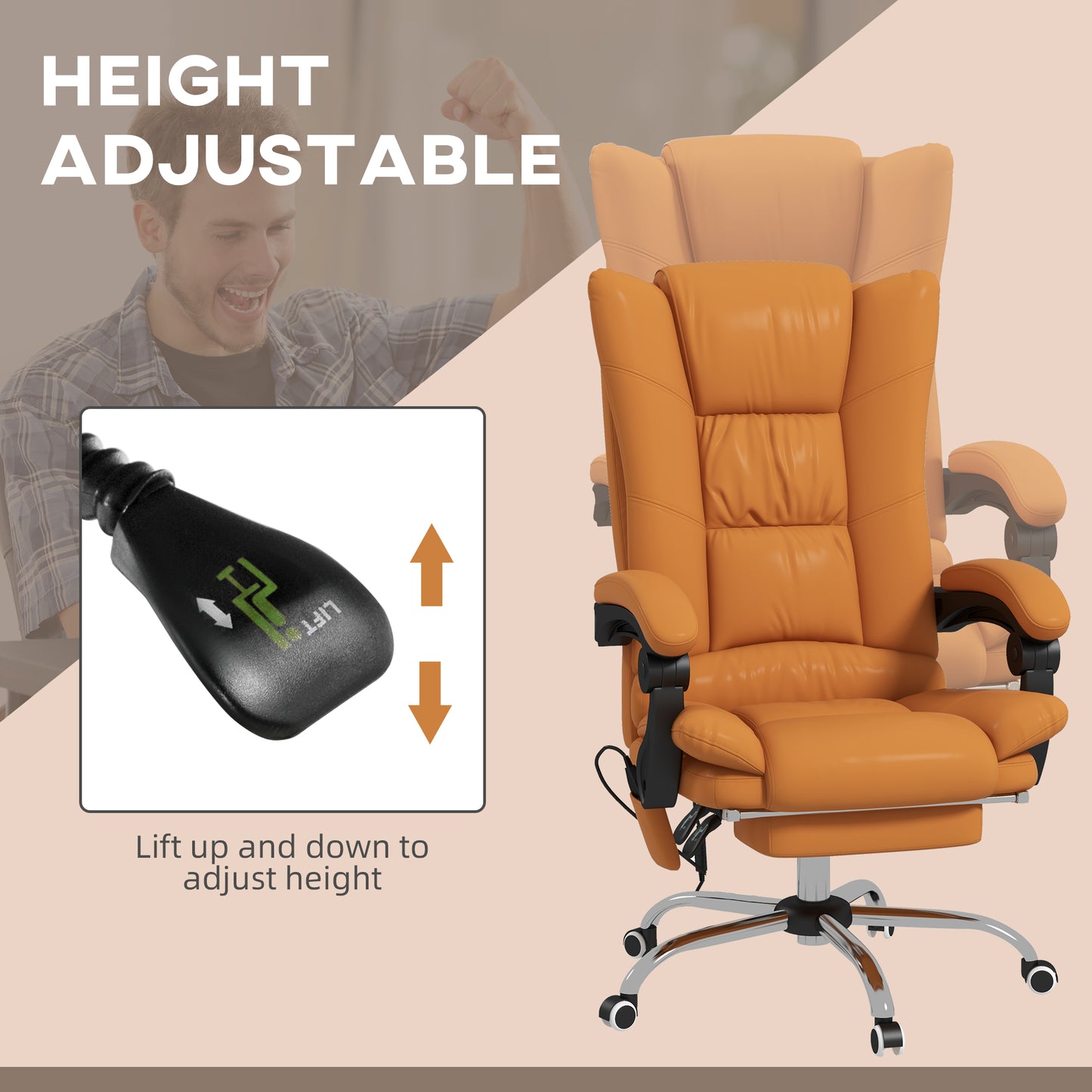 Orange ergonomic office chair with height adjustable gas lift lever