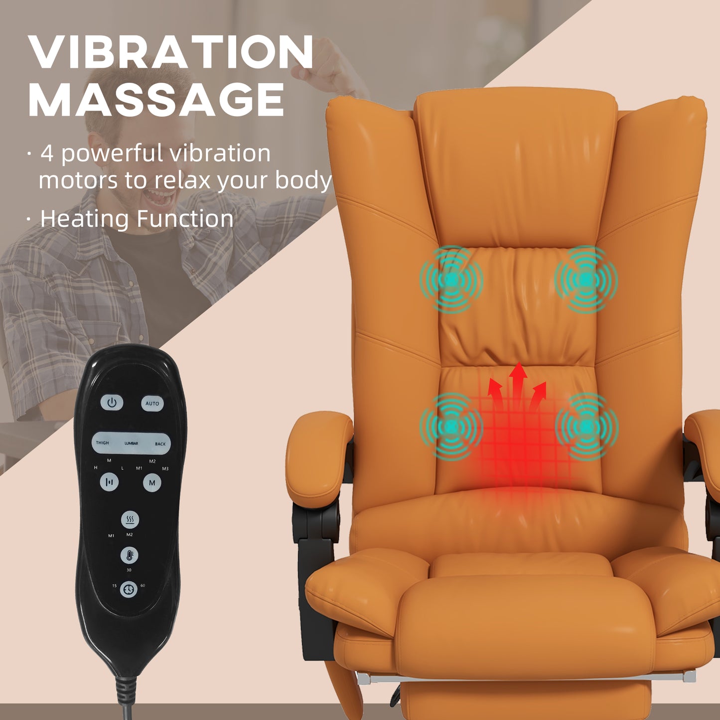 Orange leather massage chair featuring  vibration motors and a heating function