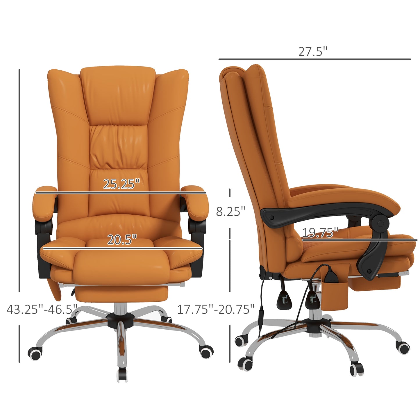 Brown PU leather executive office chair with adjustable footrest and dimensions displayed