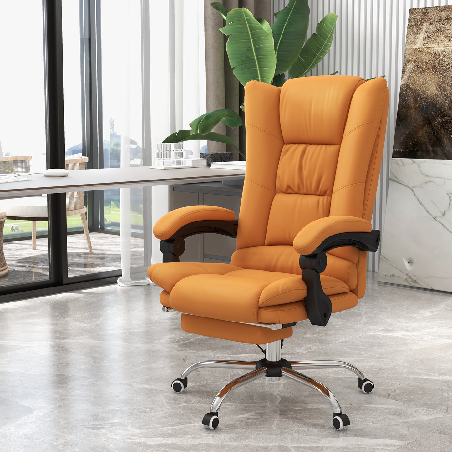 Orange ergonomic office chair with padded headrest and footrest