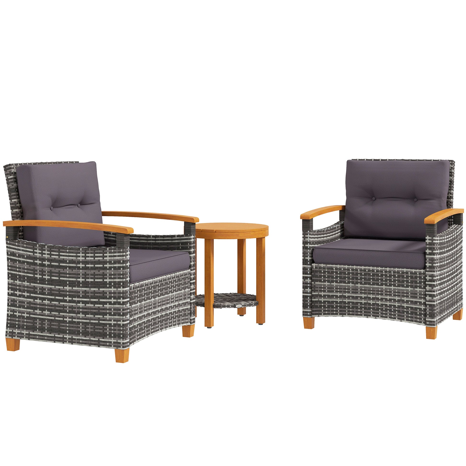 Grey rattan patio chairs with wooden arms and dark grey cushions