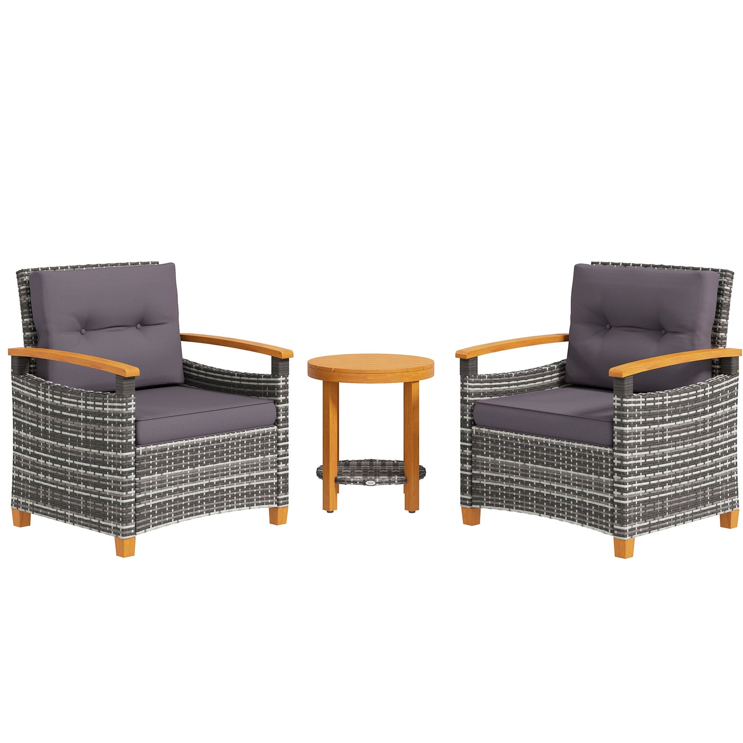 Grey wicker patio chairs with dark grey cushions and wooden armrests perfect for outdoor seating