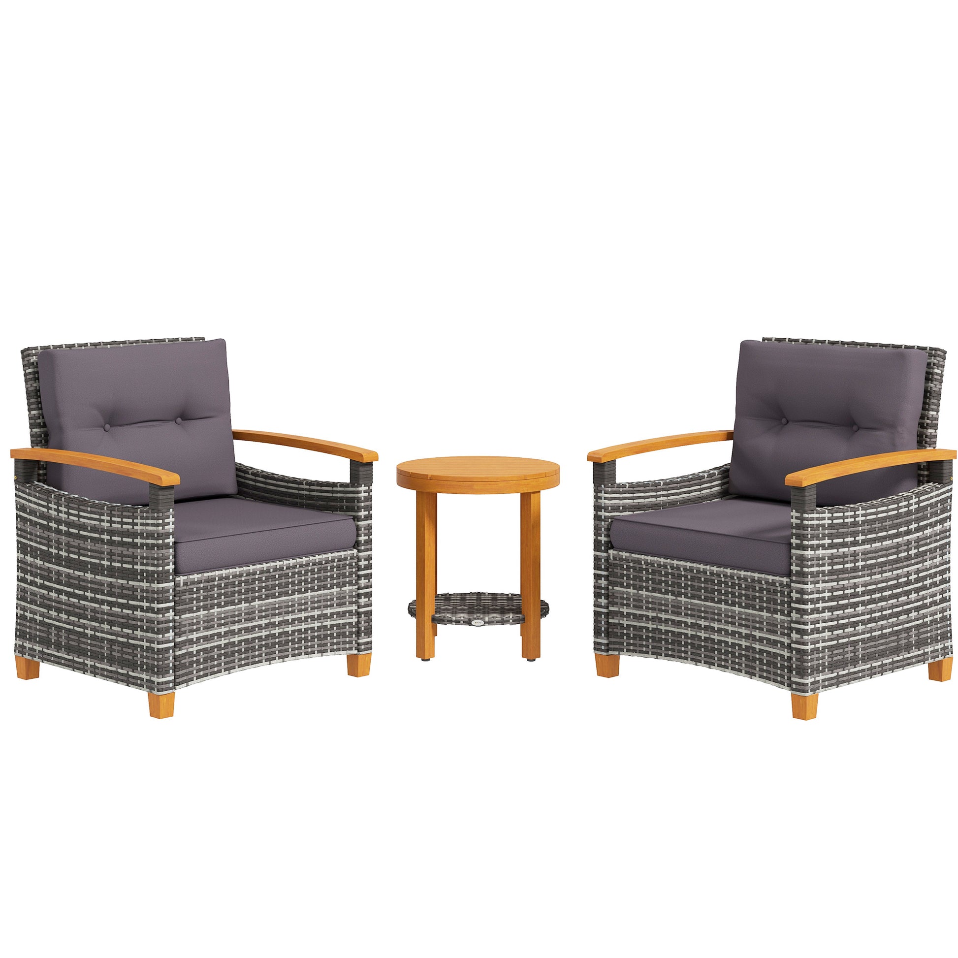 Grey wicker patio chairs with dark grey cushions and wooden armrests perfect for outdoor seating