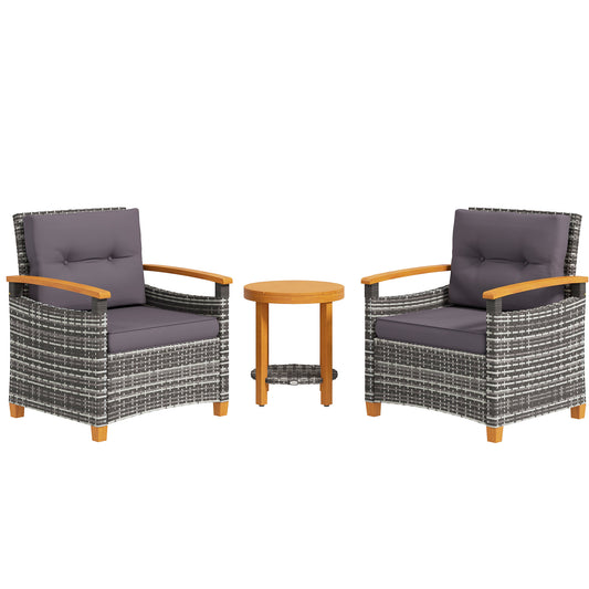 Grey wicker patio chairs with dark grey cushions and wooden armrests perfect for outdoor seating