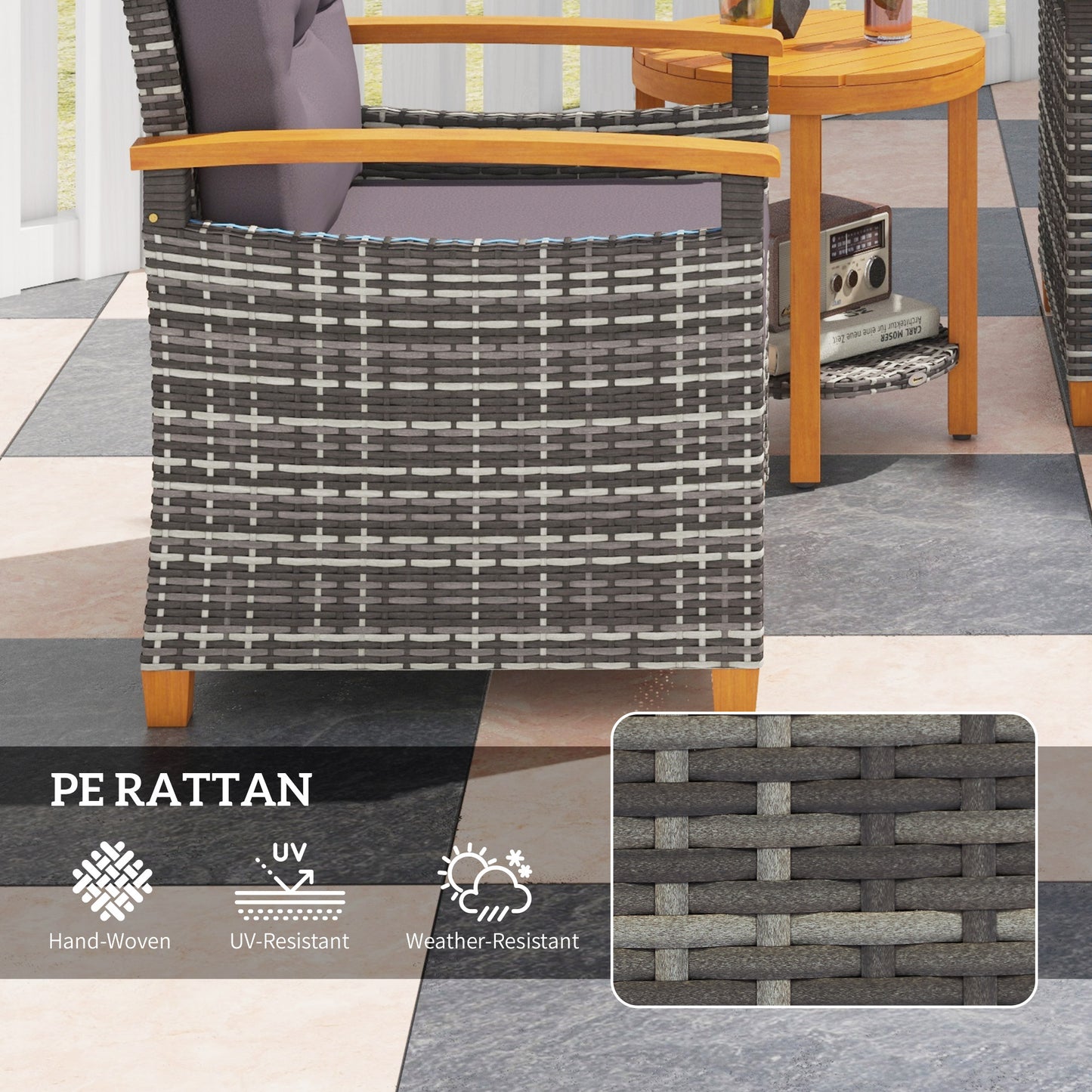 Closeup of grey and white PE rattan wicker weave on an outdoor chair with wooden armrests