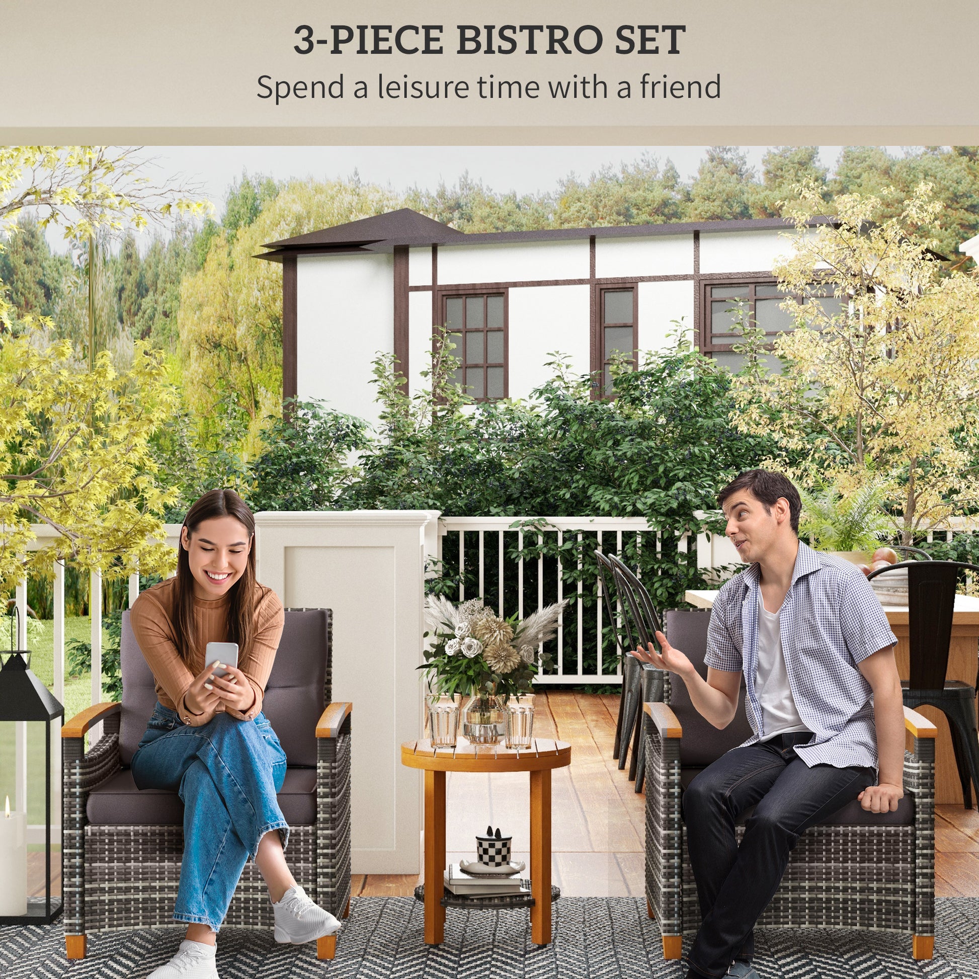 Brown wicker bistro set with grey cushions on a deck featuring two chairs and a small table