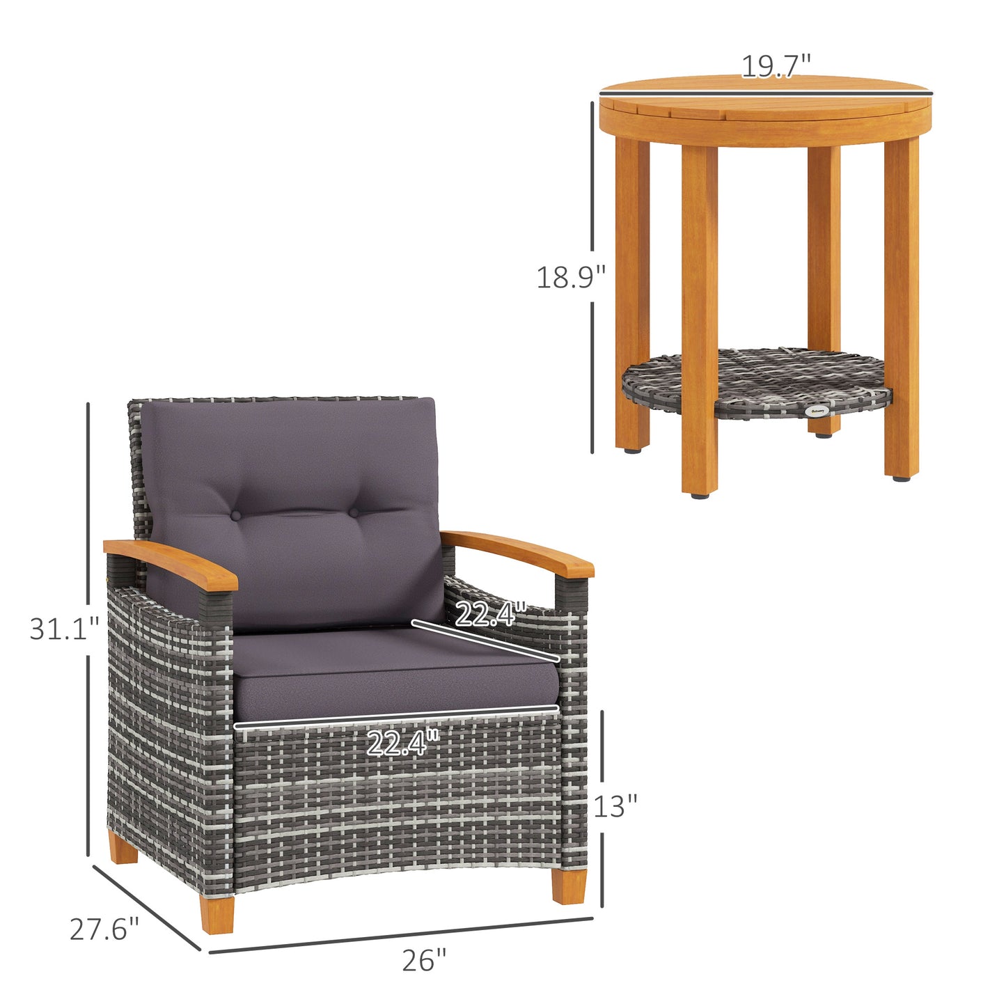 Gray wicker armchair with dark gray cushions and wooden arms perfect for patios