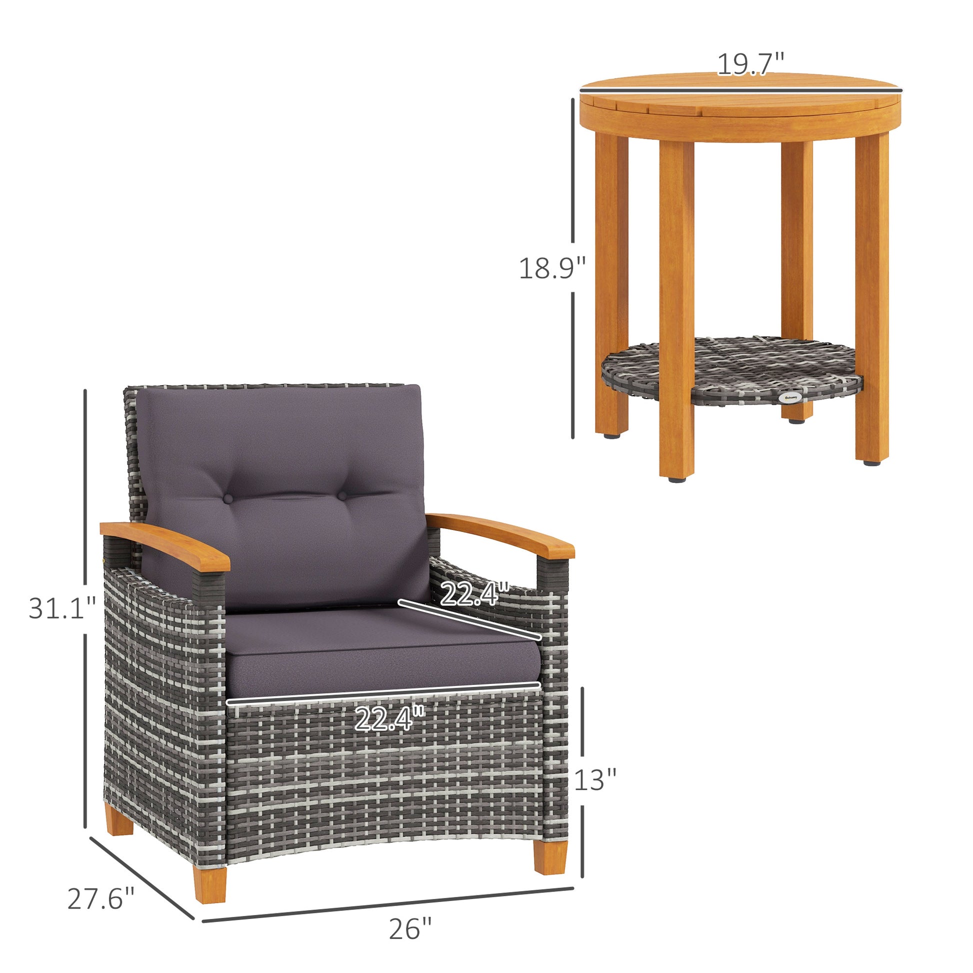 Gray wicker armchair with dark gray cushions and wooden arms perfect for patios