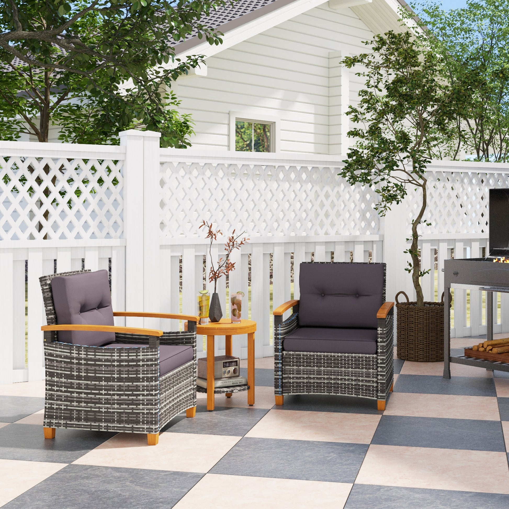 Grey wicker patio chairs with wood accents and plush cushions for outdoor seating