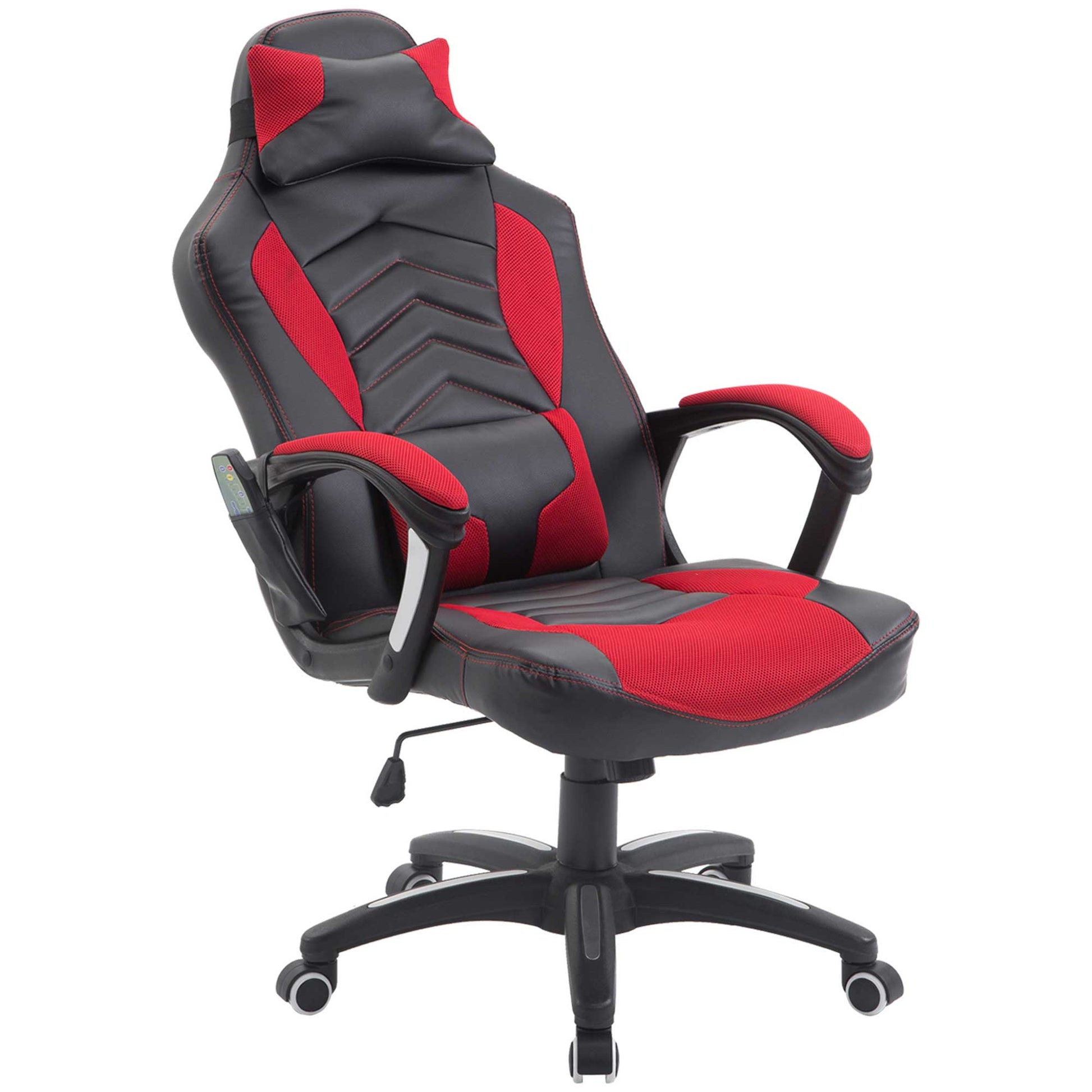 Ergonomic gaming chair in black with red mesh accents and contrast stitching for comfort