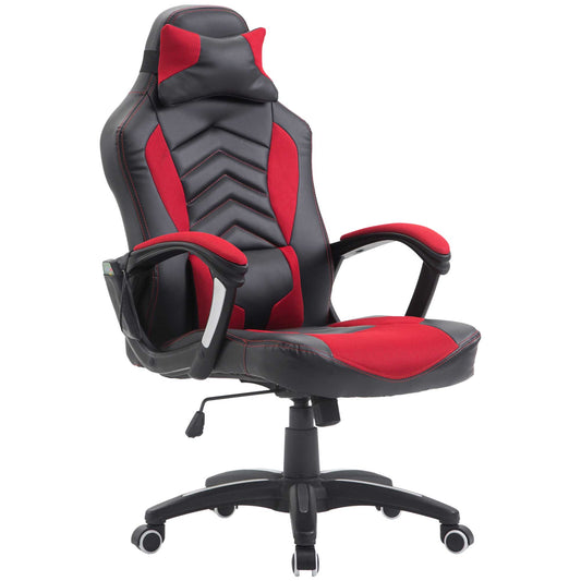 Black and red ergonomic gaming chair with padded armrests and lumbar support