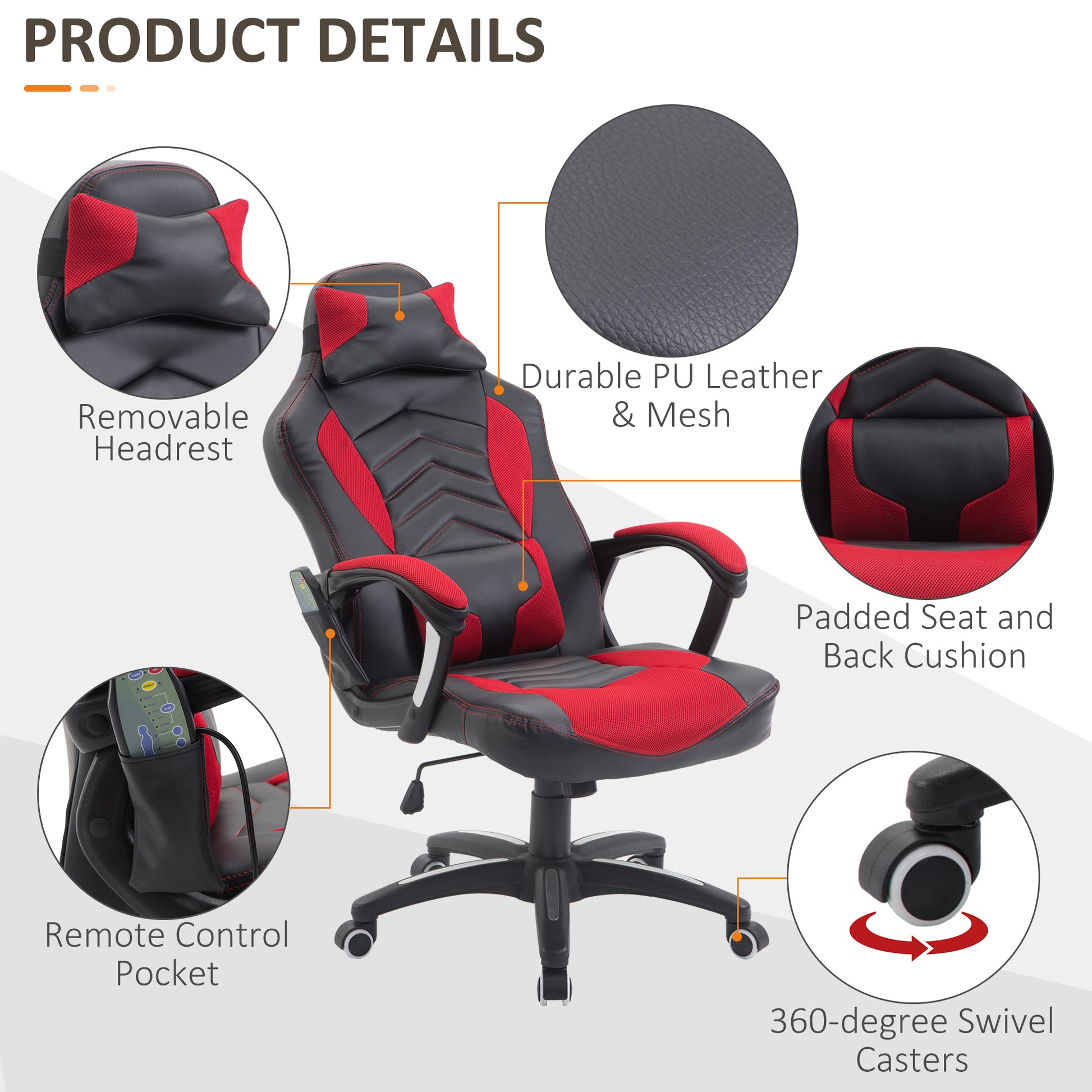Black and red ergonomic gaming chair with removable headrest