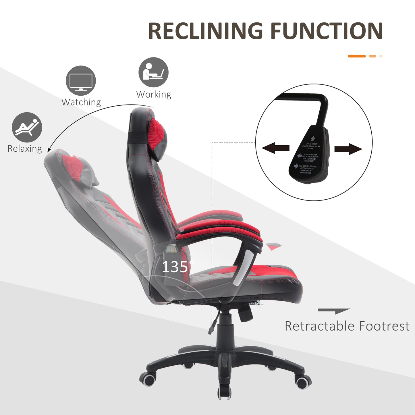 Ergonomic gaming chair with red and black leather showing reclining function for relaxation
