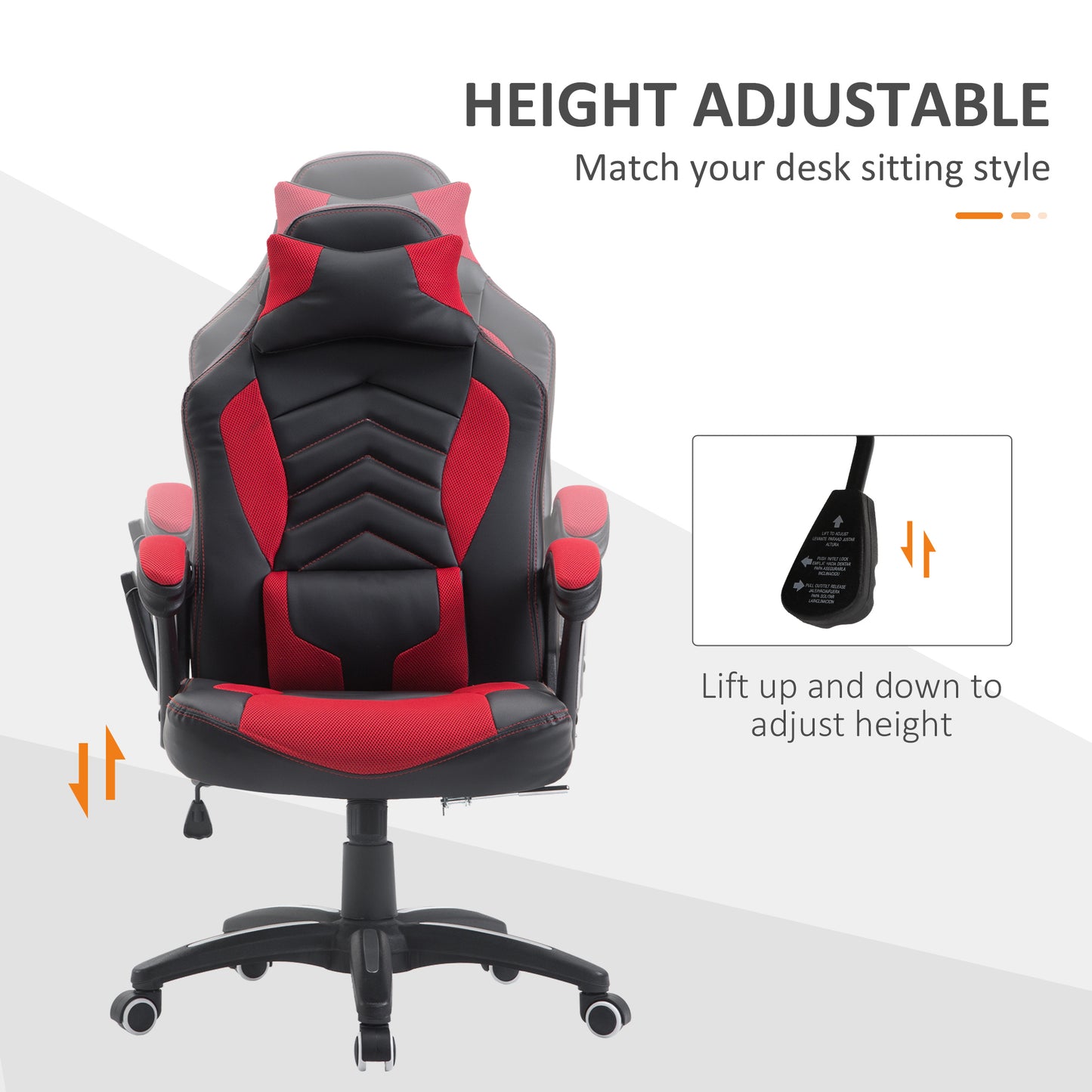 Black and red gaming chair with adjustable height mechanism and lumbar support