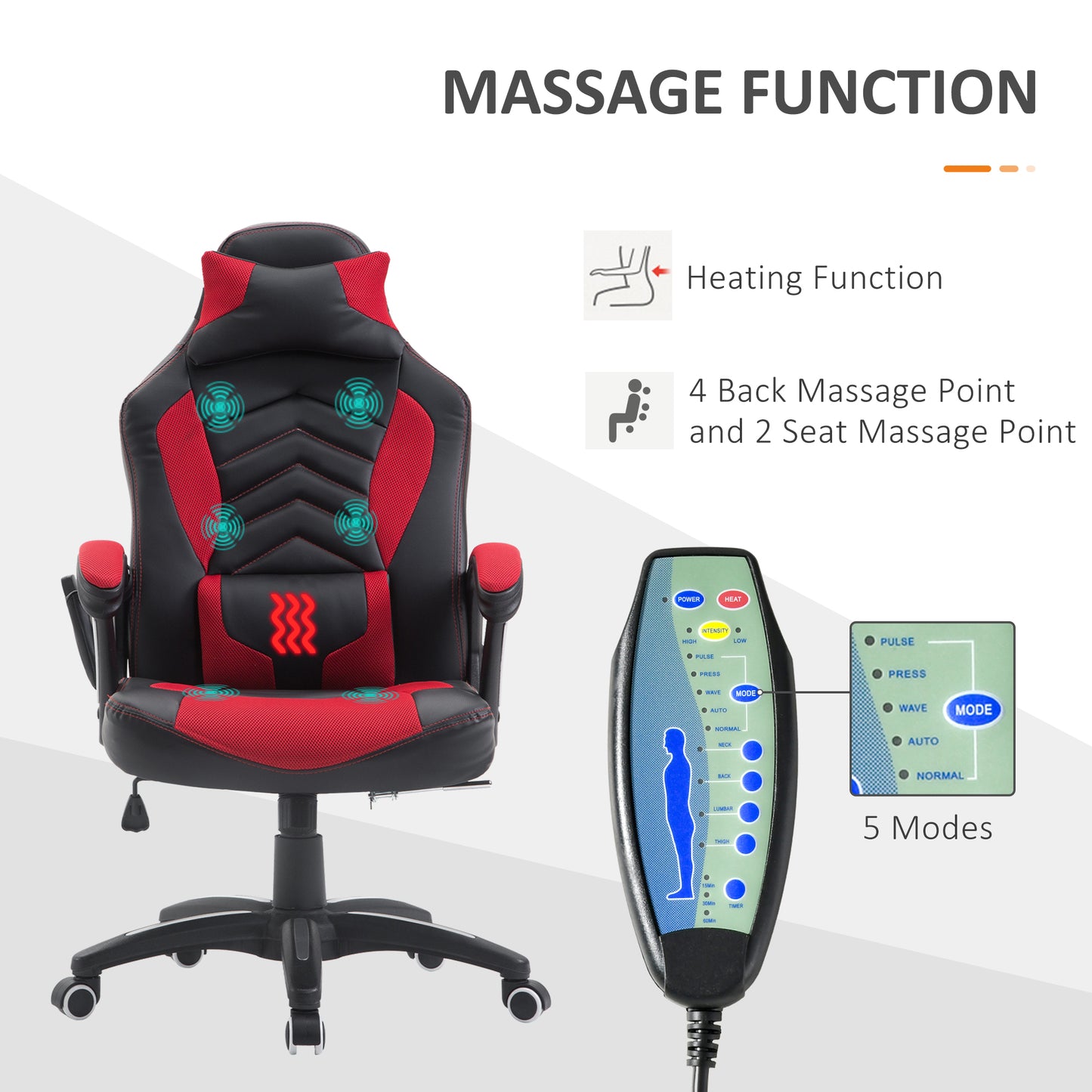 Black and red gaming chair with heating and massage functions