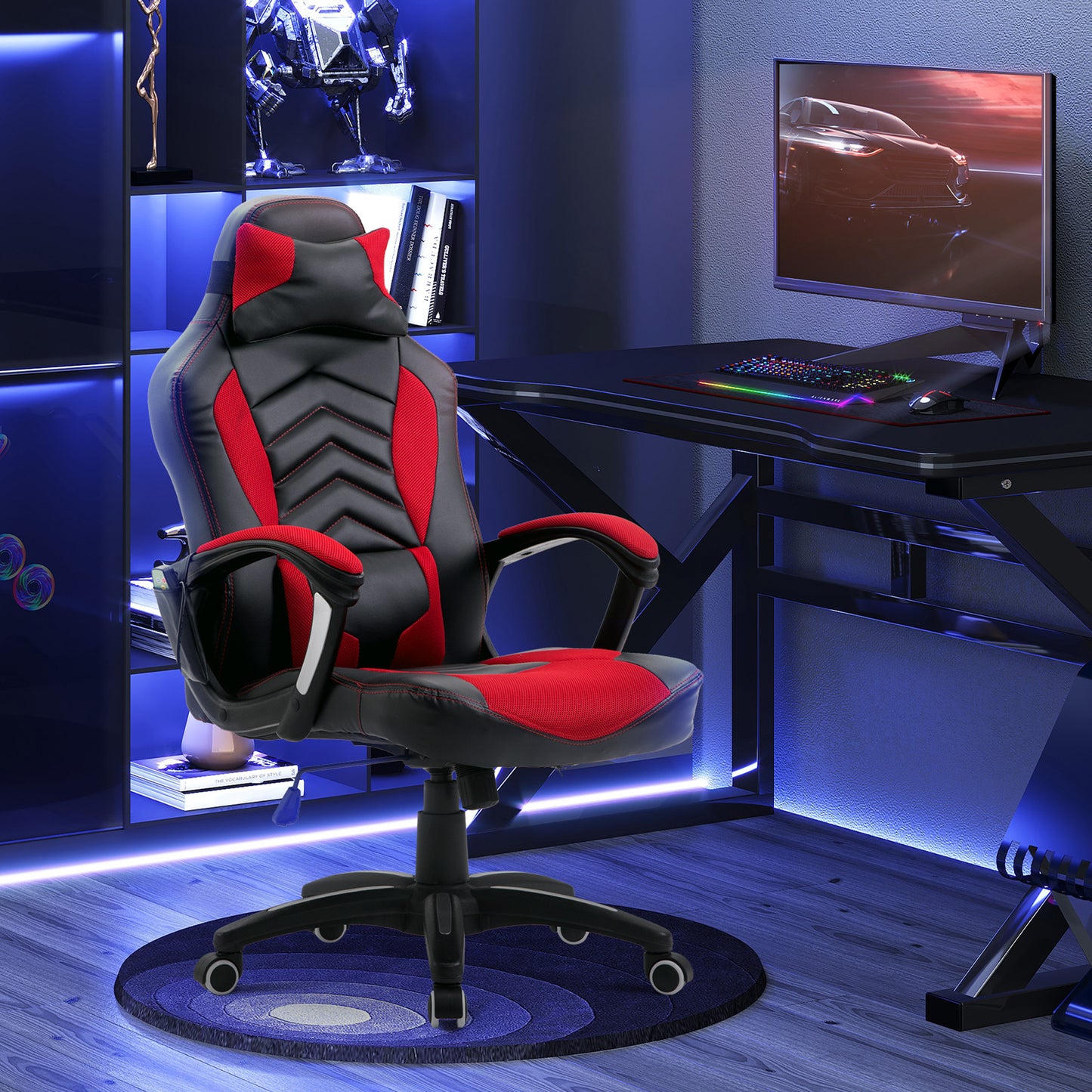 Ergonomic gaming chair with red and black accents adjustable lumbar support for comfort