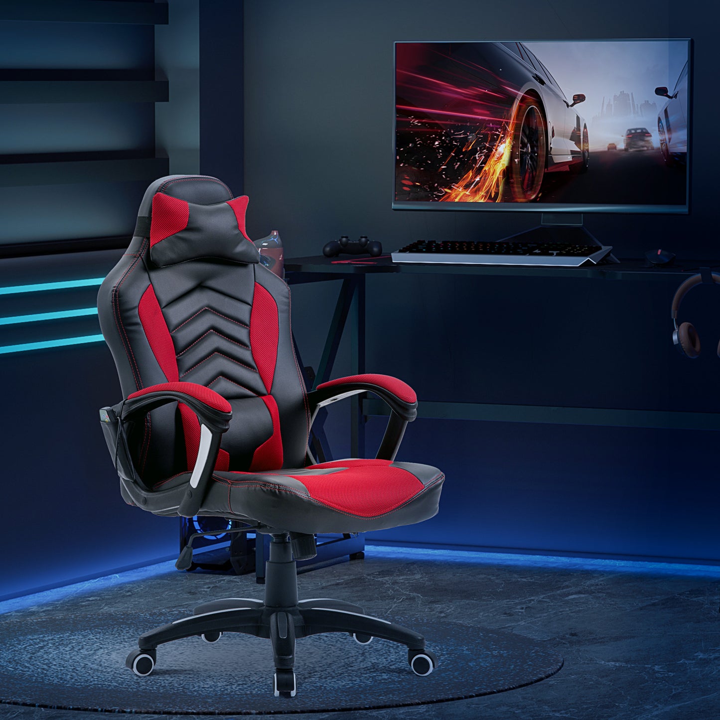 Black and red ergonomic gaming chair with lumbar support and racing style