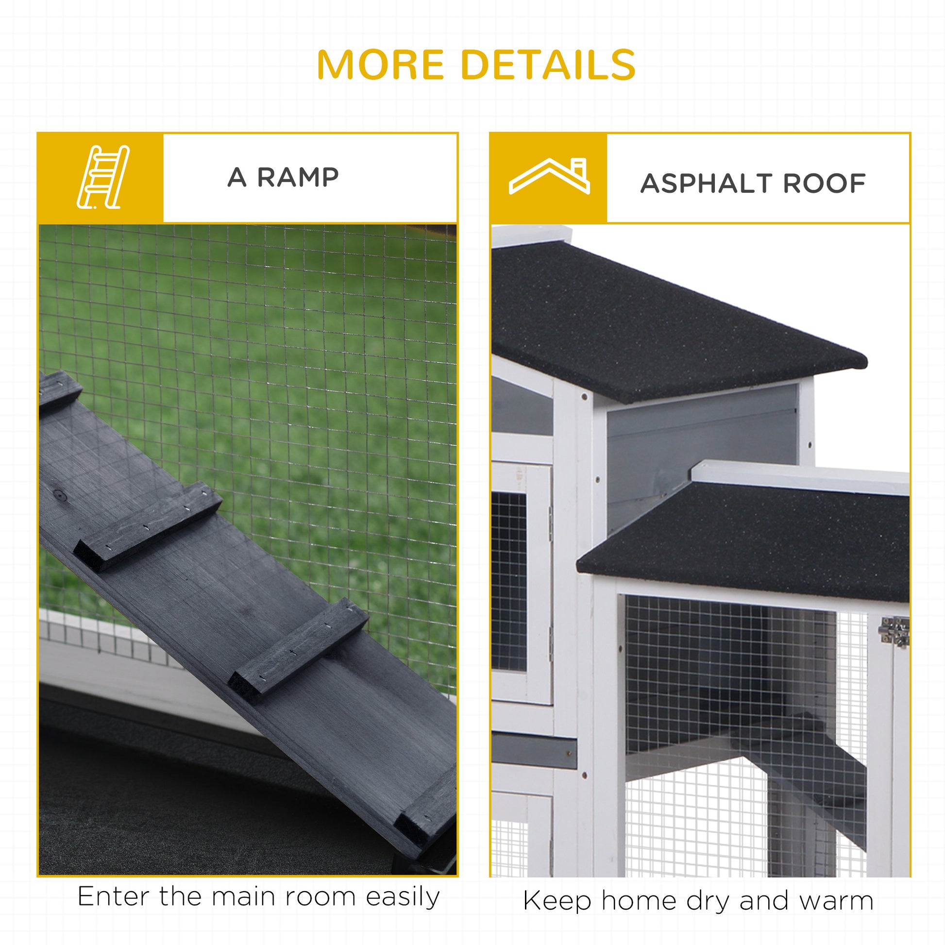 Dark wooden ramp with cleats for easy pet access featuring wire mesh enclosure