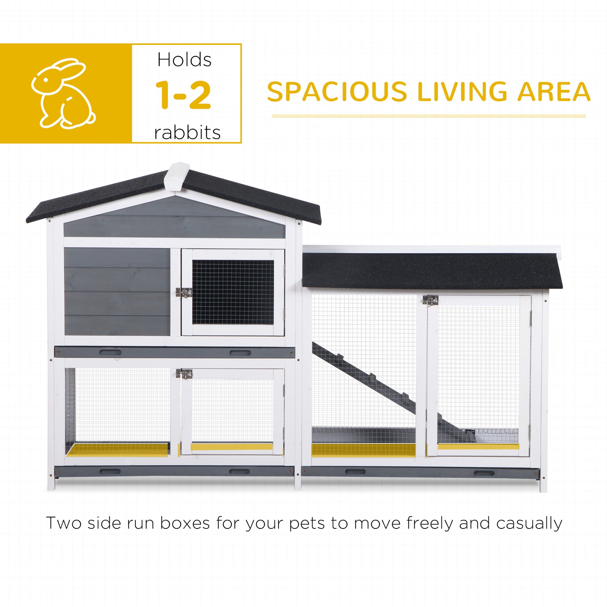 Gray and white wooden twotier rabbit hutch with dual enclosed runs and an outdoor area